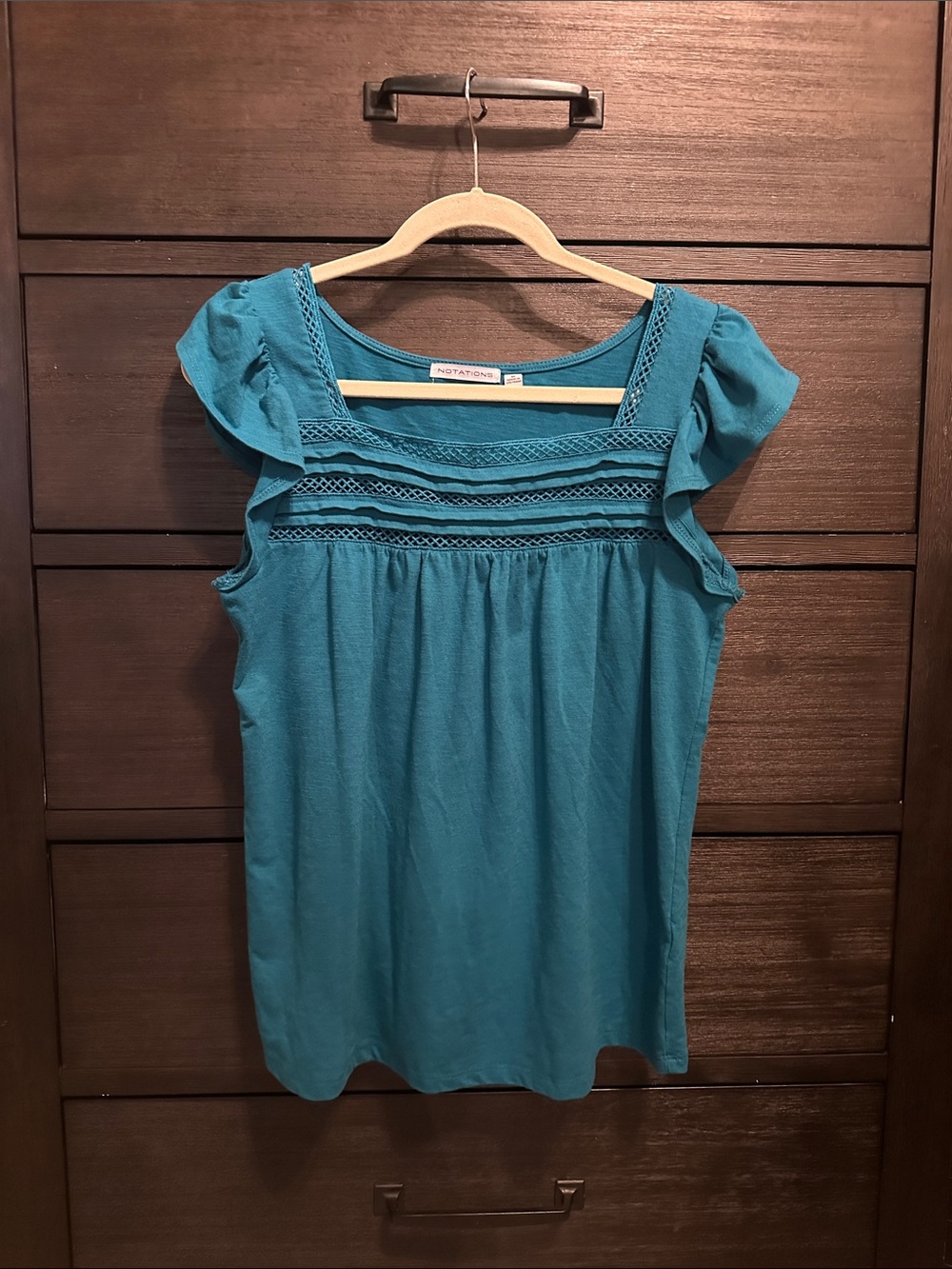 Notations Teal Crochet Yoke Cap Sleeve Top